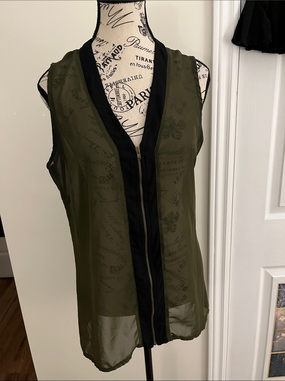 Sheer Olive Green Zip-Front Camisole with Black Trim